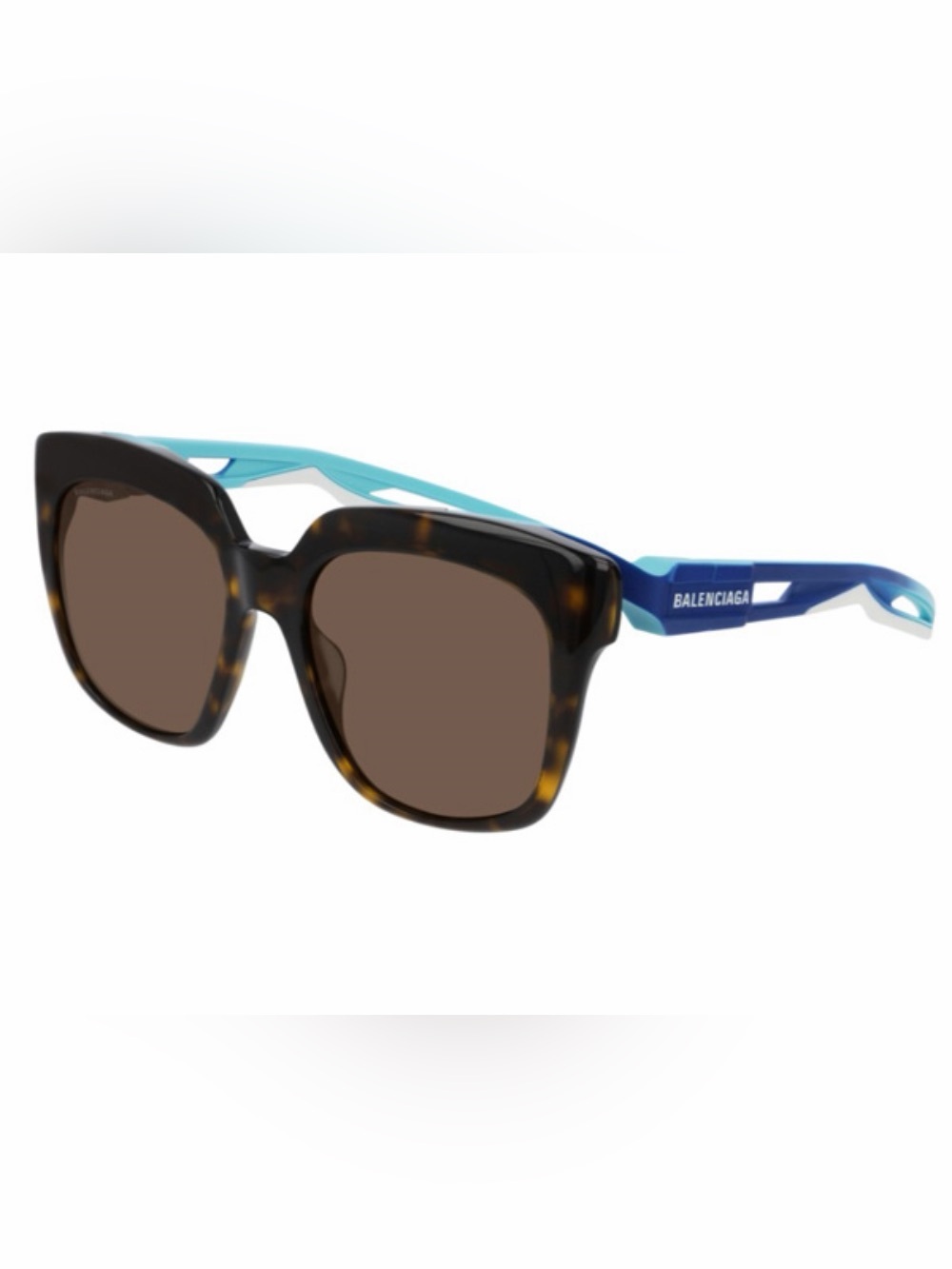 Balenciaga Tortoiseshell Frame Sunglasses with Blue and White Temples